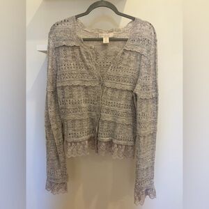 Caroline Constas Gray Openwork Knit Cardigan with Lace Trim
